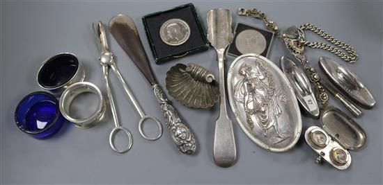 Two silver mounted nail buffers, a silver mounted penknife and shoe horn and other items including plated wares.